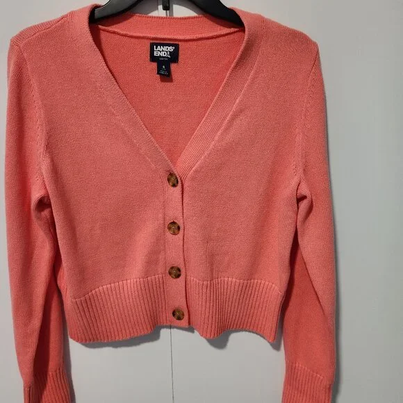 Lands End Cropped V-Neck Women's Long Sleeve Coral Cardigan- Small - Picture 1 of 5